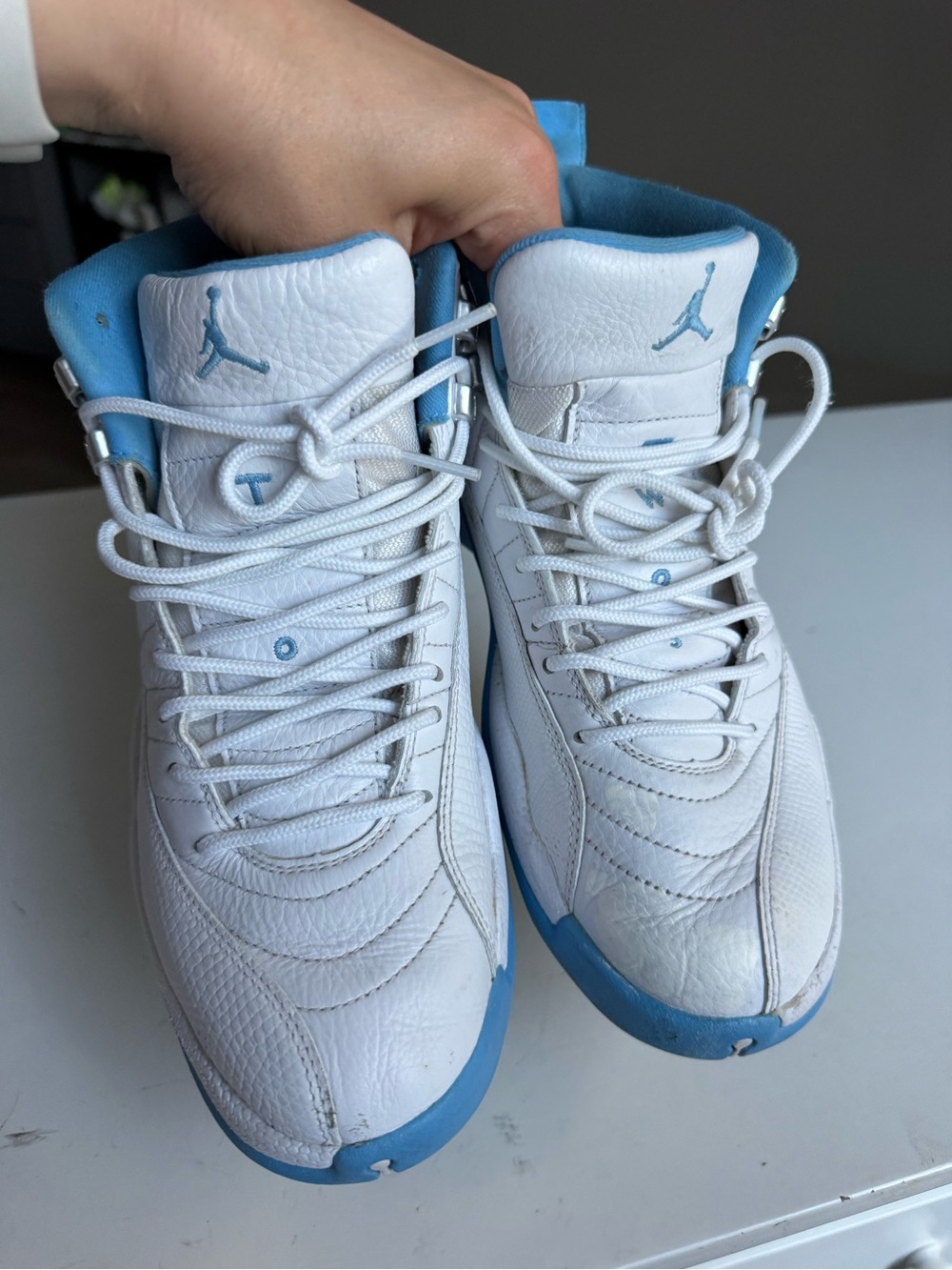 Air Jordan Kids' Retro 12 White and University Blue Sneakers - Picture 7 of 10